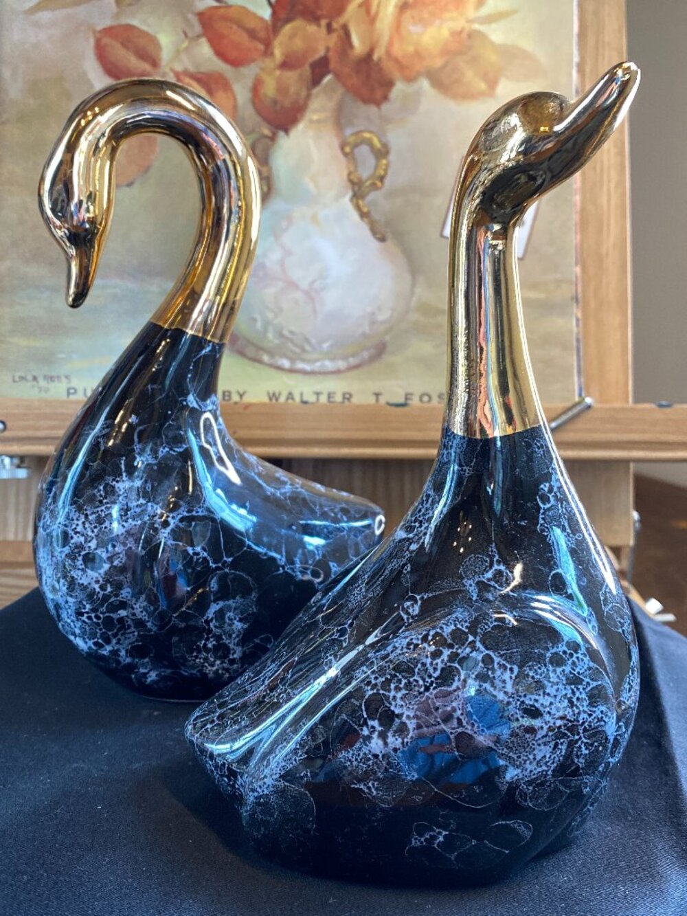 MCM Pair of Enesco Black Marbleized Swan Figurines with Copper/Gold Heads